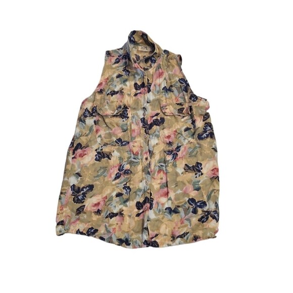 XPL Women's tan floral linen blend sleeveless button up size M casual mature - Picture 2 of 7